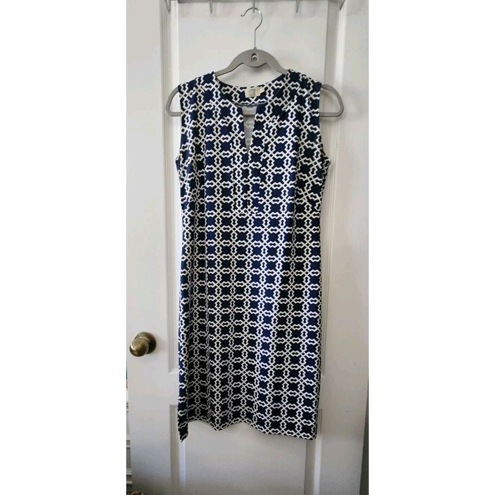 Katherine Way Women's Sleeveless Knee Length Dress V-Neck Stretch Blue White S